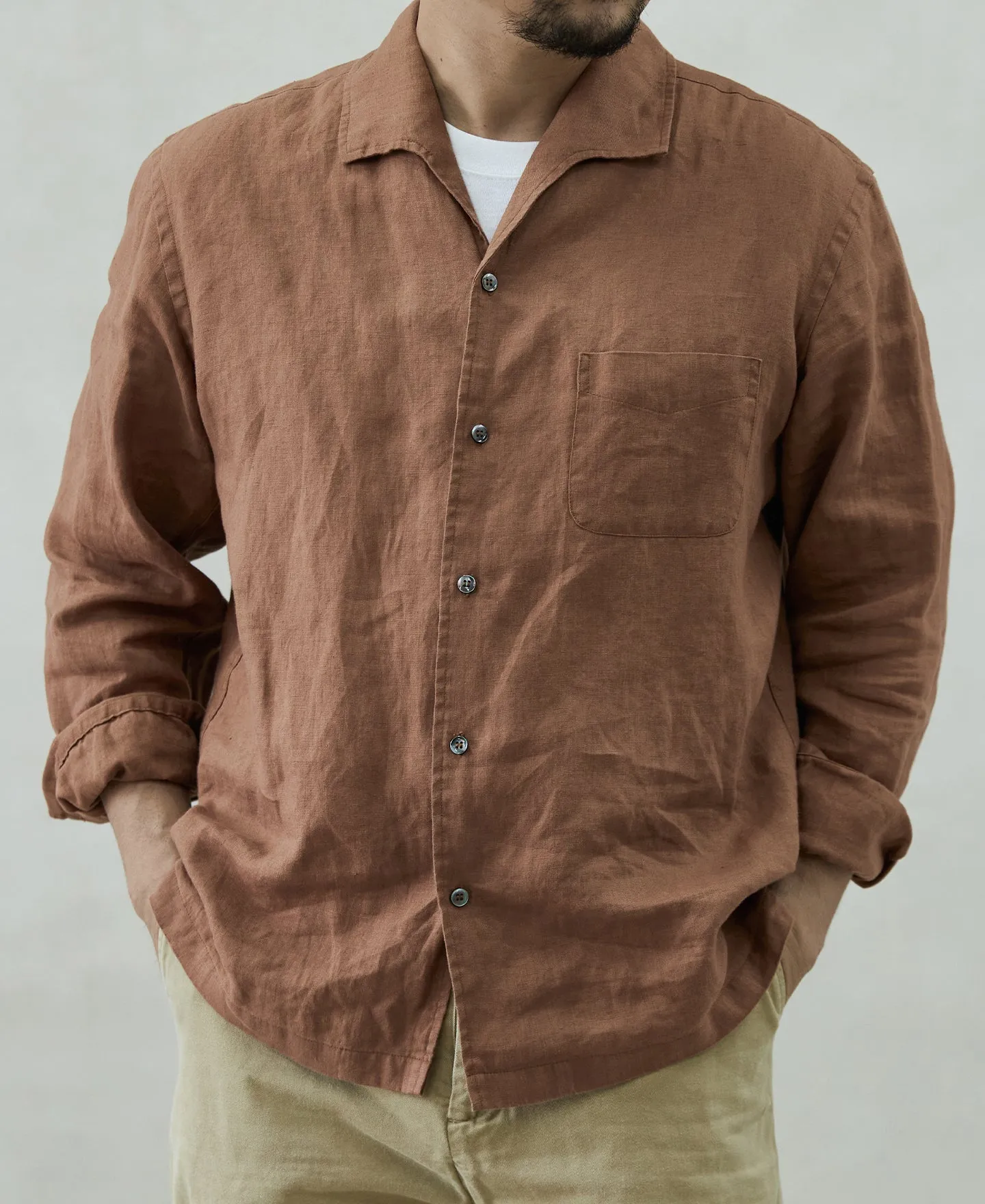 1950s Italian Collar Long-Sleeve Linen Shirt - Brown