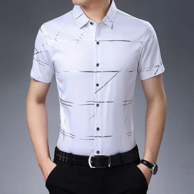 2020 Brand Casual Summer Luxury Striped Short Sleeve Slim Fit Men Social Dress Shirts