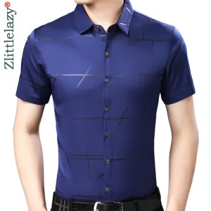 2020 Brand Casual Summer Luxury Striped Short Sleeve Slim Fit Men Social Dress Shirts
