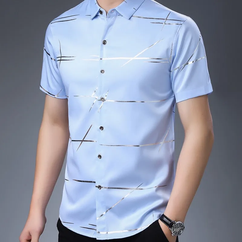 2020 Brand Casual Summer Luxury Striped Short Sleeve Slim Fit Men Social Dress Shirts