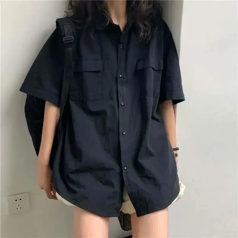 2024 Short Sleeve Shirt Women White Turn Down Collar Basic Casual Teen Gril Student Oversize Shirt Ladies Loose Blouse