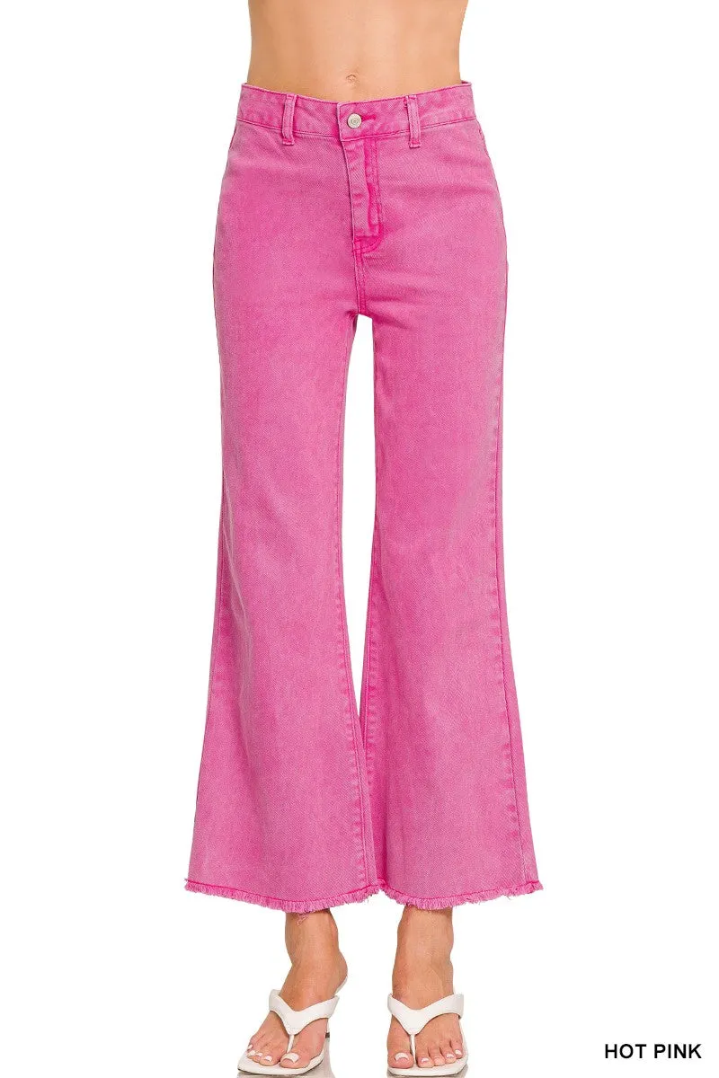 ACID WASHED FRAYED CUTOFF HEM STRAIGHT WIDE PANTS