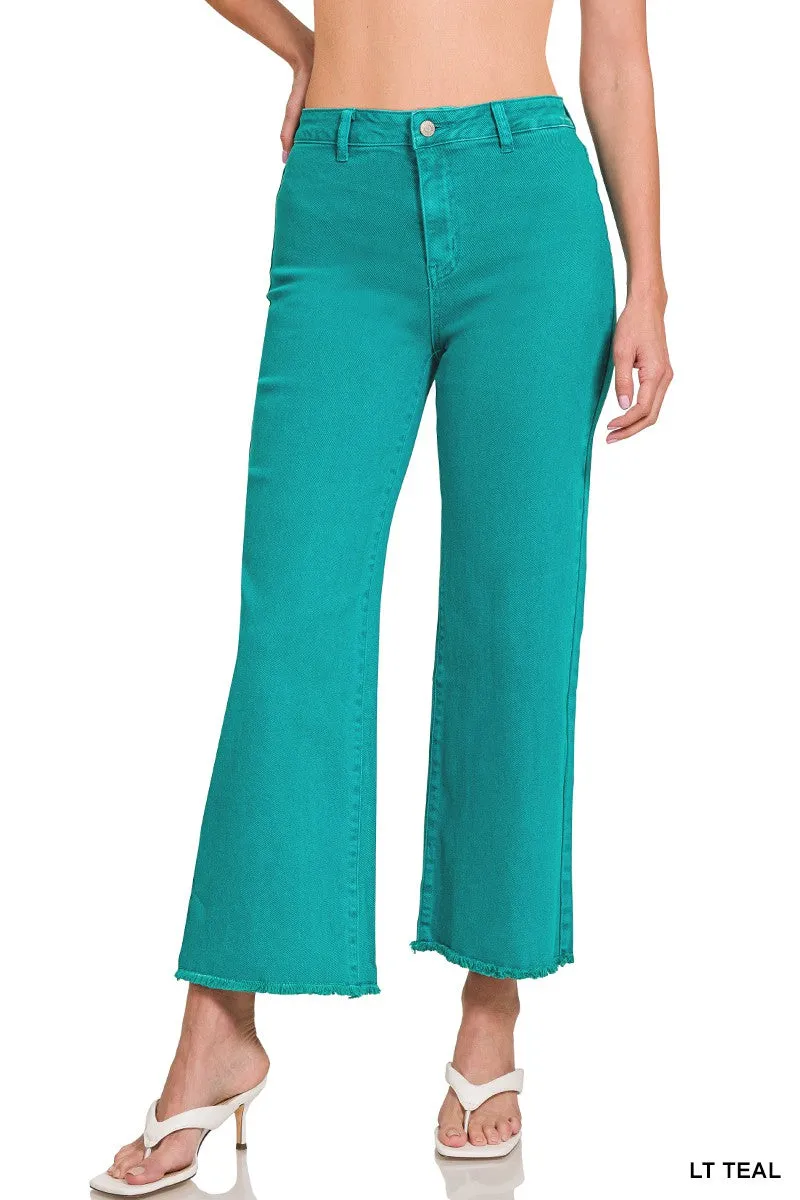 ACID WASHED FRAYED CUTOFF HEM STRAIGHT WIDE PANTS