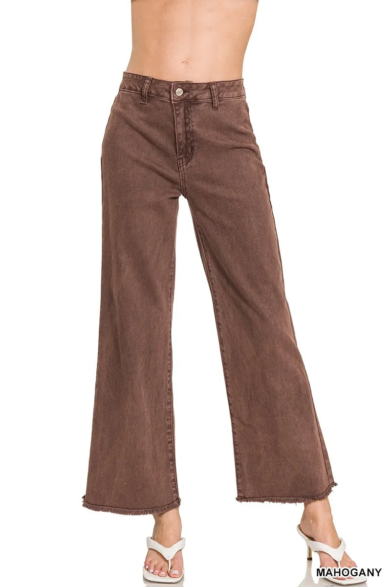 ACID WASHED FRAYED CUTOFF HEM STRAIGHT WIDE PANTS