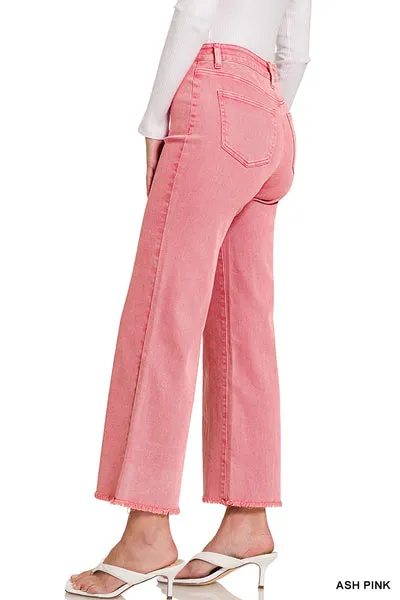 ACID WASHED FRAYED CUTOFF HEM STRAIGHT WIDE PANTS