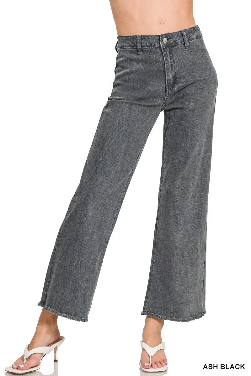 ACID WASHED FRAYED CUTOFF HEM STRAIGHT WIDE PANTS