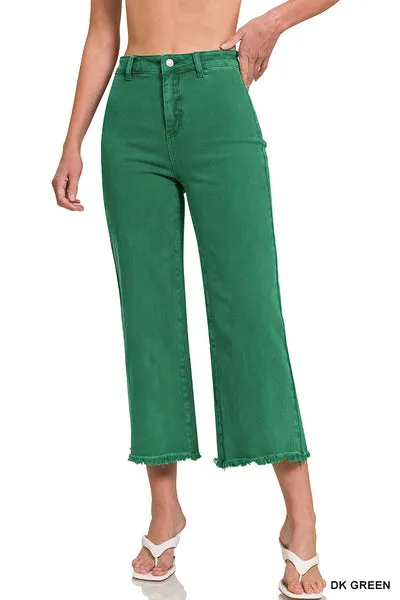 ACID WASHED FRAYED CUTOFF HEM STRAIGHT WIDE PANTS