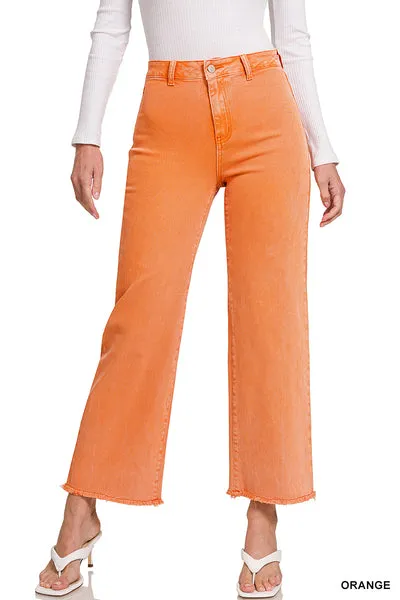ACID WASHED FRAYED CUTOFF HEM STRAIGHT WIDE PANTS