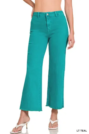 ACID WASHED FRAYED CUTOFF HEM STRAIGHT WIDE PANTS