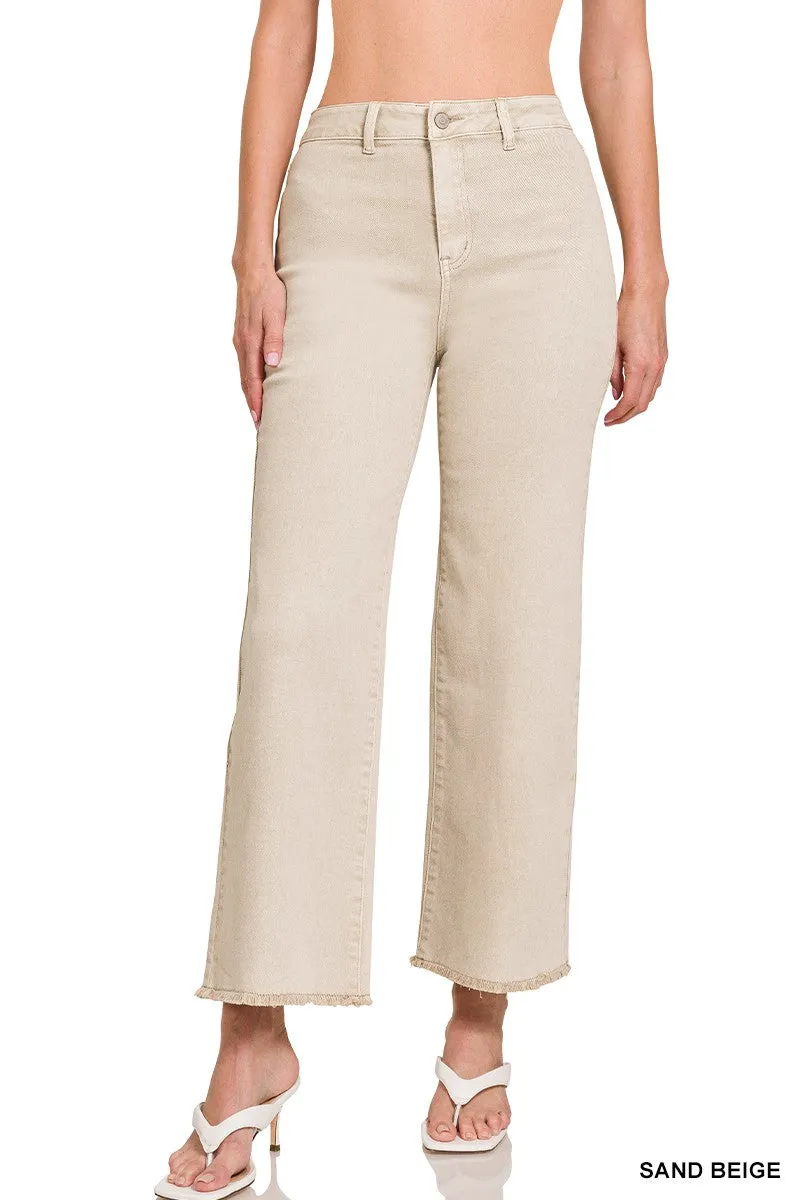ACID WASHED FRAYED CUTOFF HEM STRAIGHT WIDE PANTS