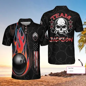 Bowling Custom Men Polo Shirt - Bowling Skull Polo Shirt, Skull American Flag Personalized Polo Shirt For Men - Perfect Gift For Friend, Family, Bowling Lovers