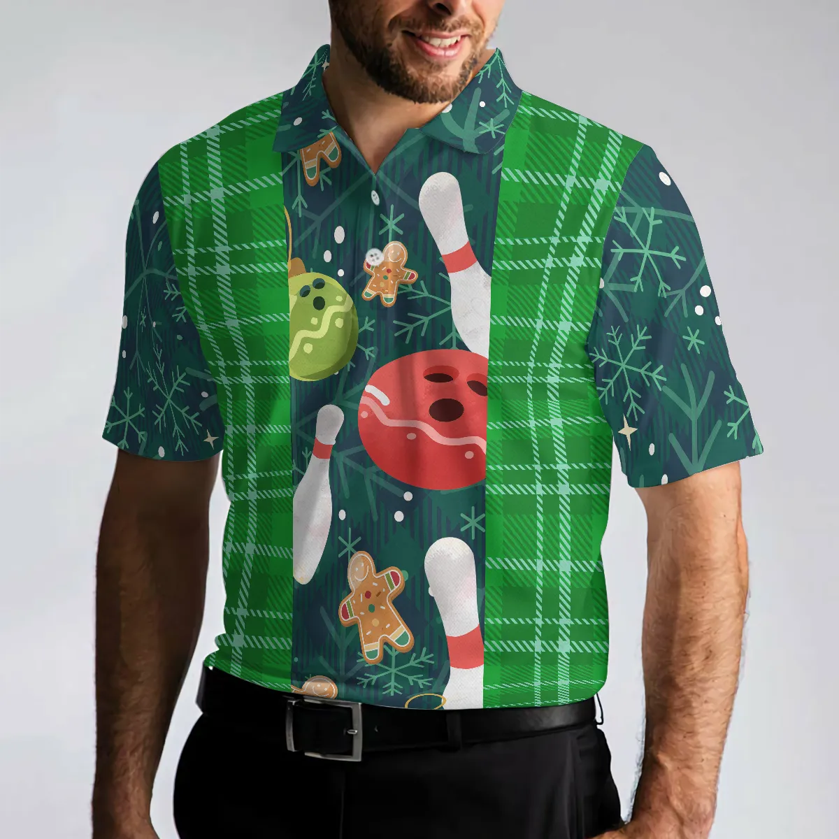Bowling Men Polo Shirt - Christmas Bowling Decoration Light with Flannel Plaid Pattern Men Polo Shirts - Perfect Gift For Friend, Family, Bowling Lovers