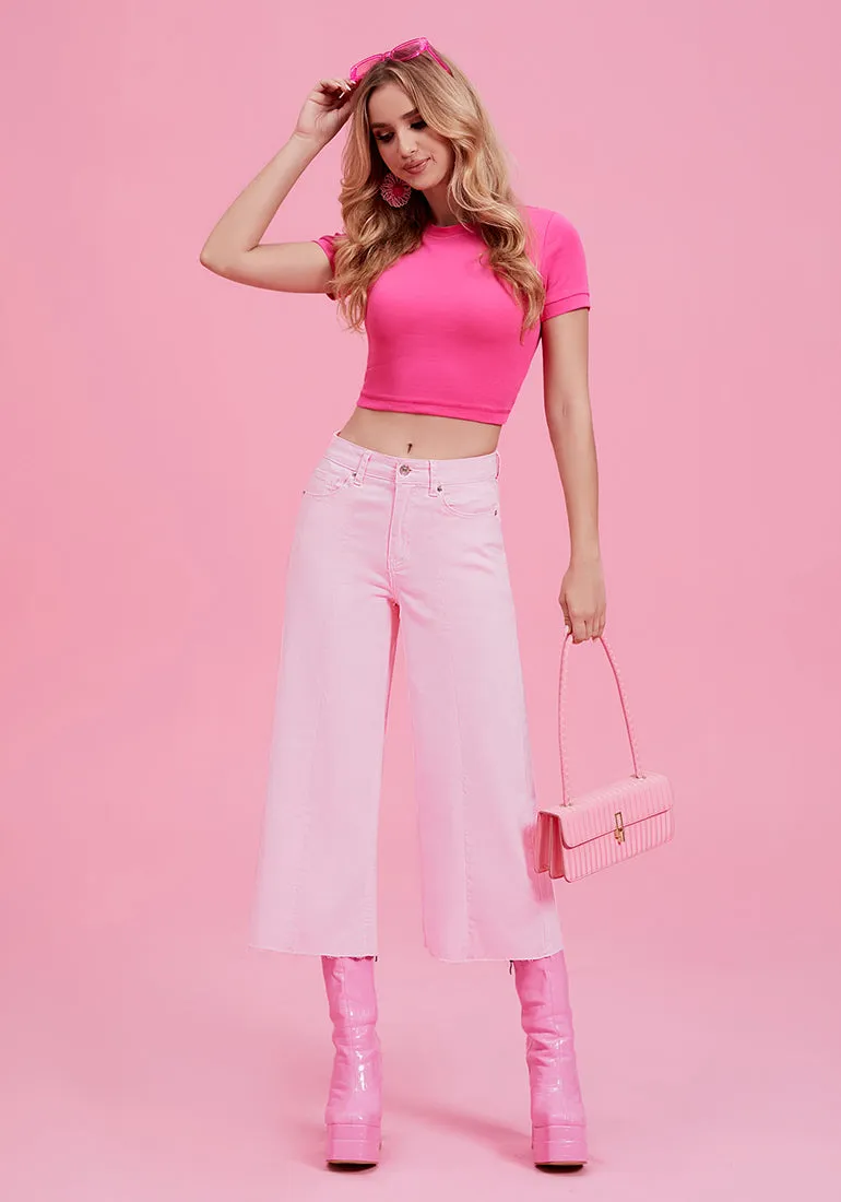 Candy Pink Women's High Waisted Denim Capri Pants Seamed Front Raw Hem