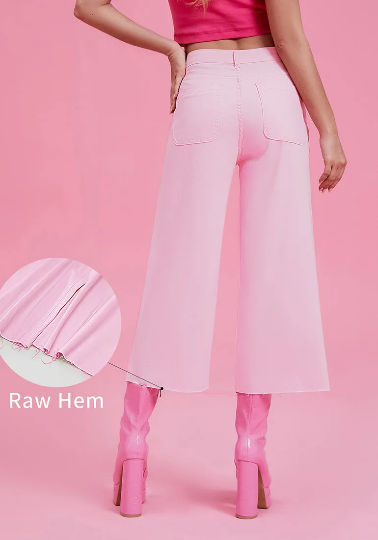 Candy Pink Women's High Waisted Denim Capri Pants Seamed Front Raw Hem