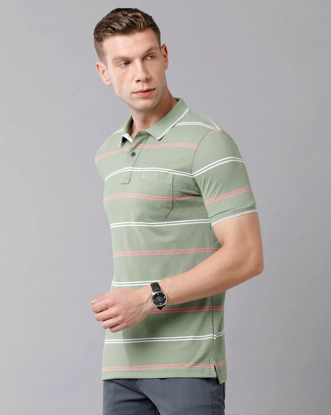 Classic Polo Men's Cotton Blend Striped Half Sleeve Slim Fit Polo Neck Green Color T-Shirt | Adore - 179 A
