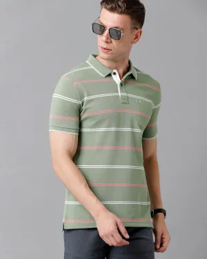 Classic Polo Men's Cotton Blend Striped Half Sleeve Slim Fit Polo Neck Green Color T-Shirt | Adore - 179 A