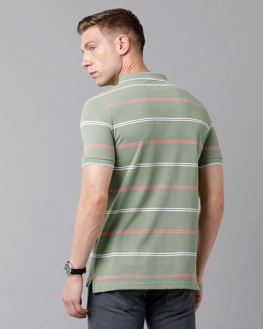 Classic Polo Men's Cotton Blend Striped Half Sleeve Slim Fit Polo Neck Green Color T-Shirt | Adore - 179 A