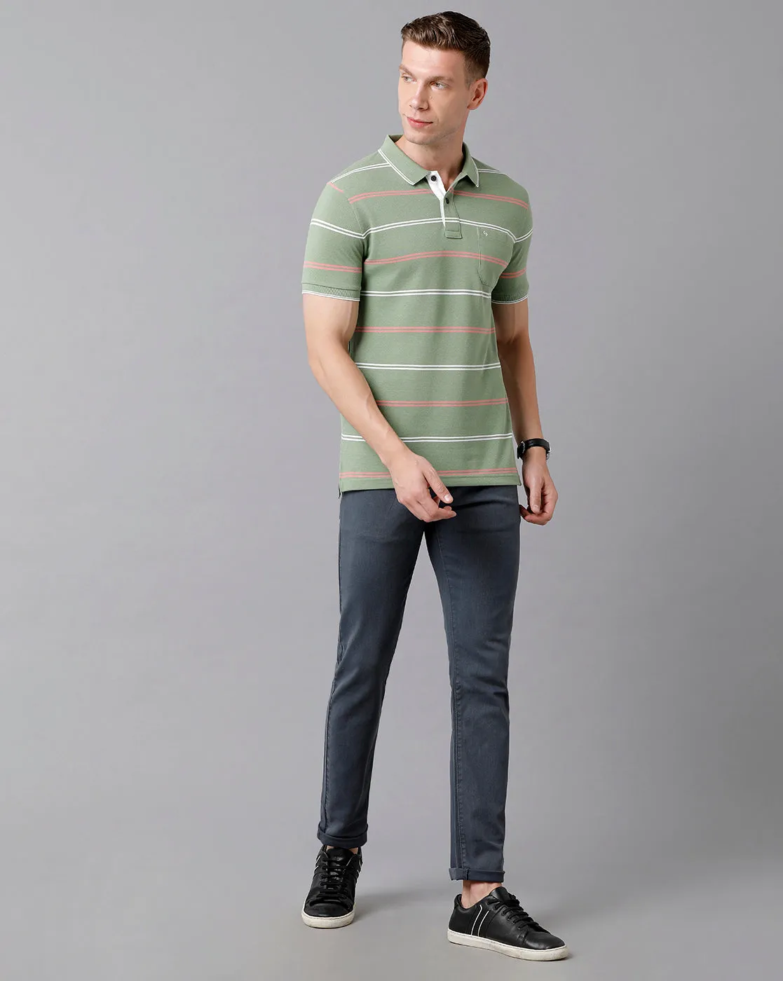 Classic Polo Men's Cotton Blend Striped Half Sleeve Slim Fit Polo Neck Green Color T-Shirt | Adore - 179 A