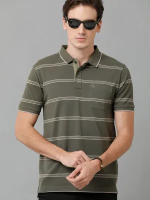 Classic Polo Men's Cotton Blend Striped Half Sleeve Slim Fit Polo Neck Olive Color T-Shirt | Adore - 198 A