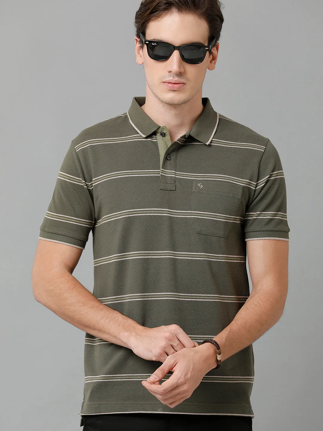 Classic Polo Men's Cotton Blend Striped Half Sleeve Slim Fit Polo Neck Olive Color T-Shirt | Adore - 198 A
