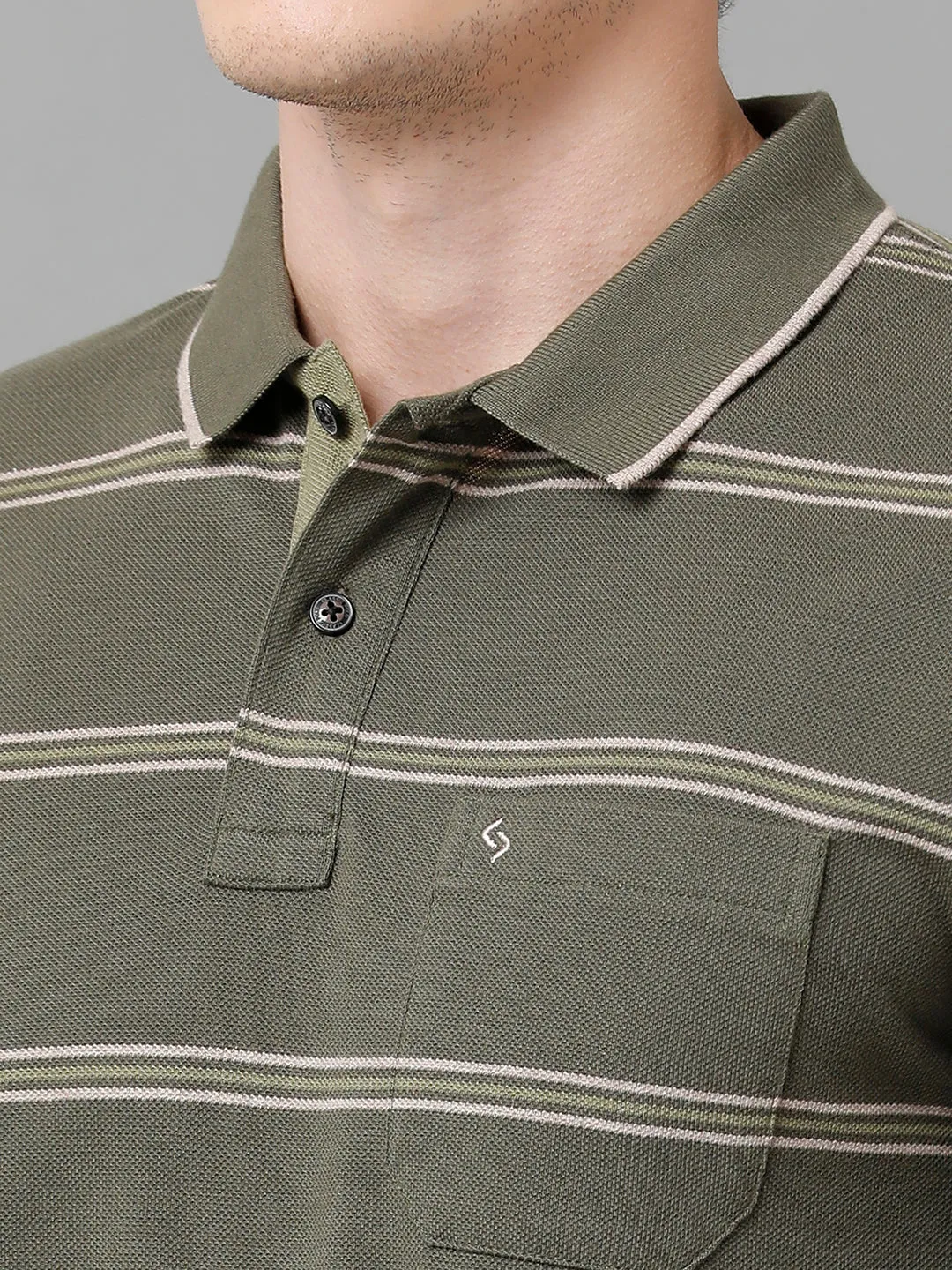 Classic Polo Men's Cotton Blend Striped Half Sleeve Slim Fit Polo Neck Olive Color T-Shirt | Adore - 198 A