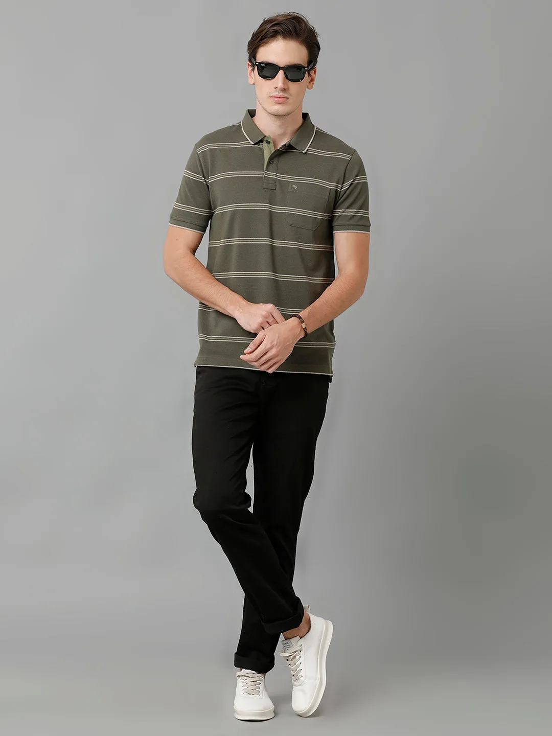 Classic Polo Men's Cotton Blend Striped Half Sleeve Slim Fit Polo Neck Olive Color T-Shirt | Adore - 198 A