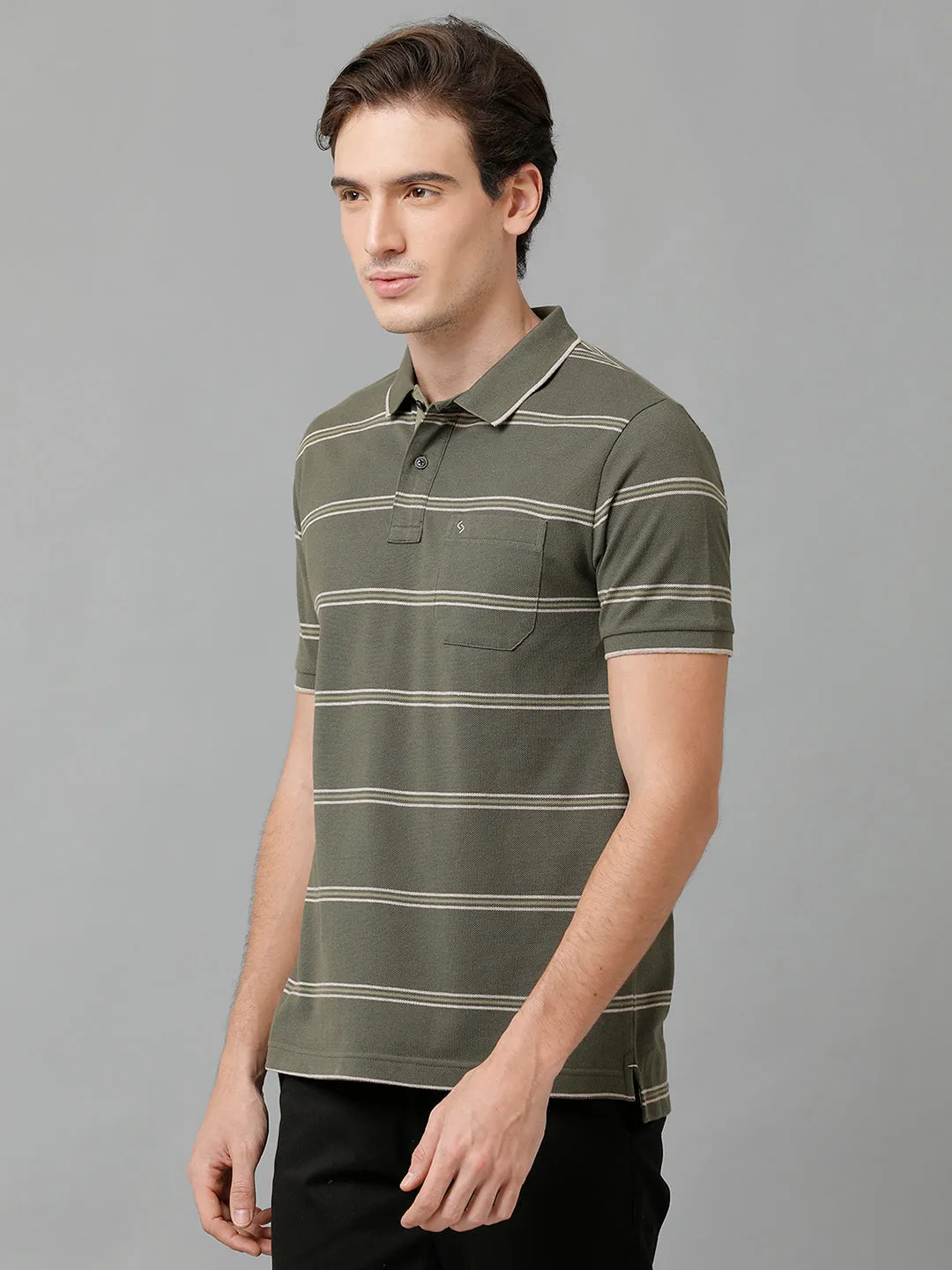Classic Polo Men's Cotton Blend Striped Half Sleeve Slim Fit Polo Neck Olive Color T-Shirt | Adore - 198 A