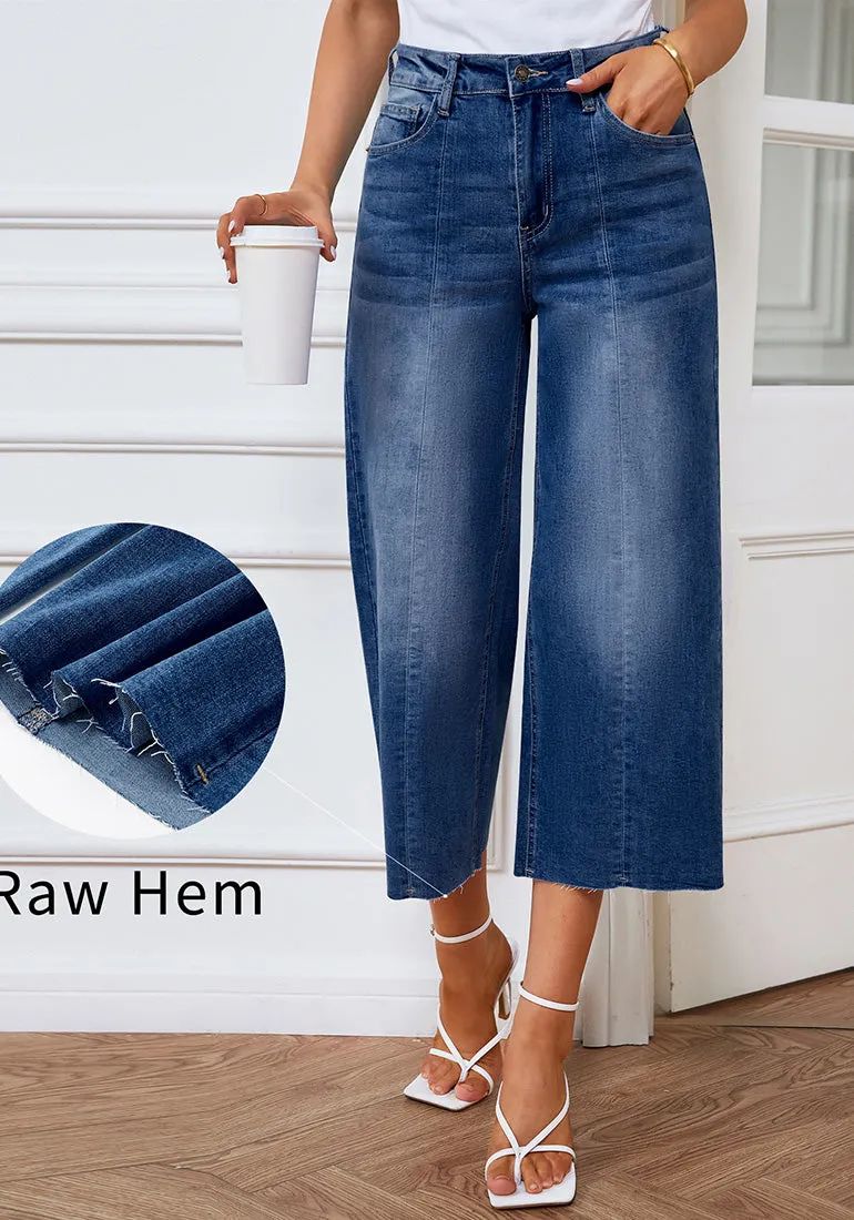 Cobalt Night Blue Women's High Waisted Denim Capri Pants Seamed Front Raw Hem