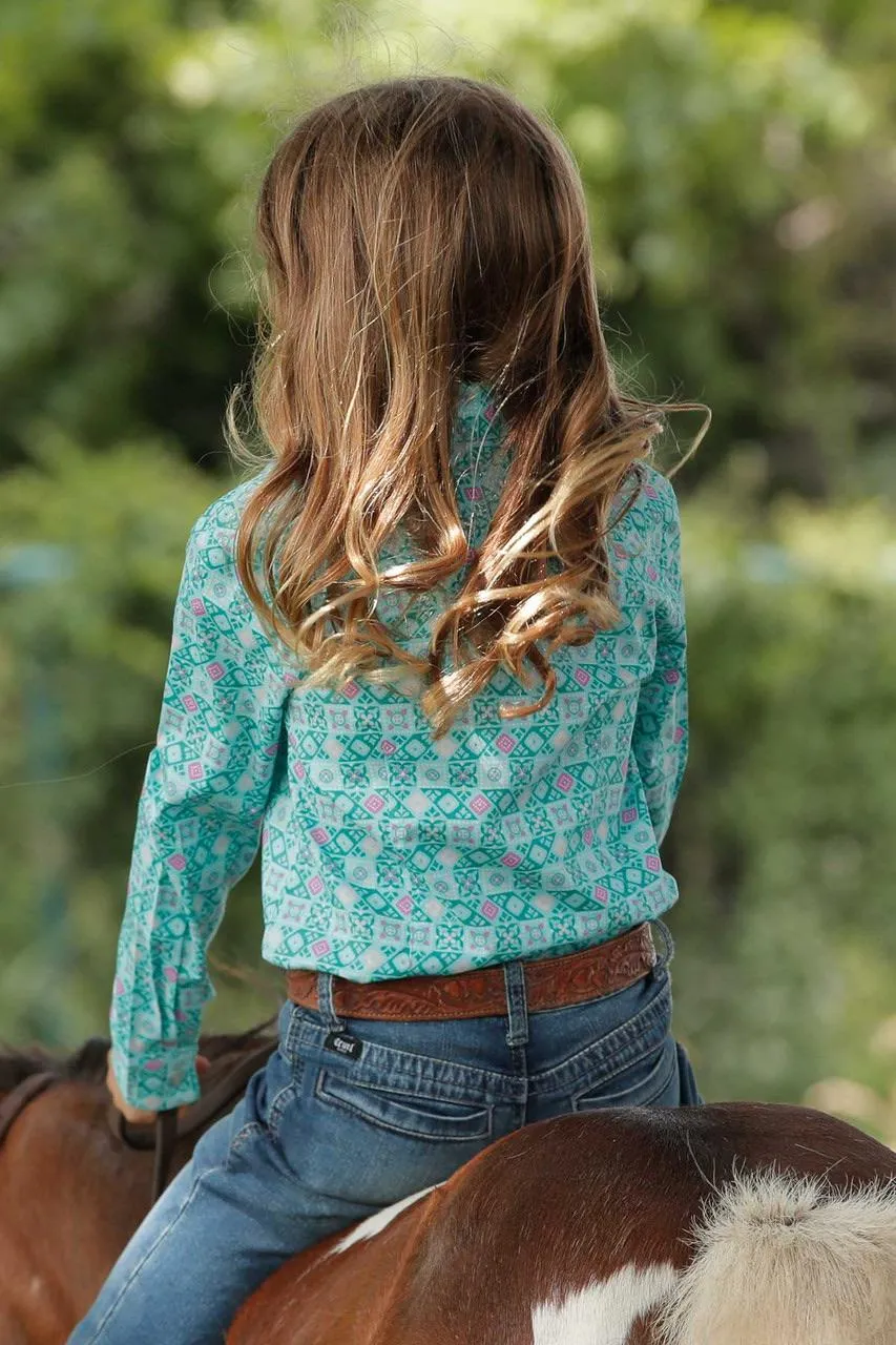Cruel Girl's Turquoise Print Button Up Long Sleeve Western Shirt