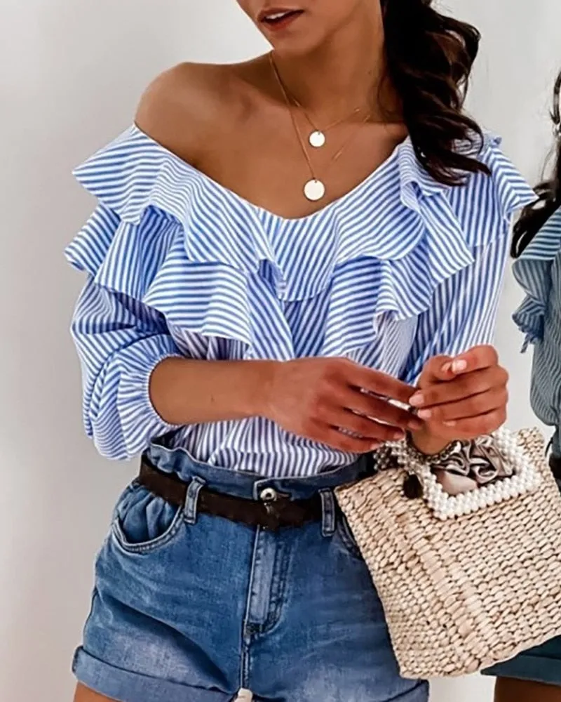 FashionSierra - New Blue Striped Ruffles Collar Blouse for Lady Half Sleeve V-Neck Shirts