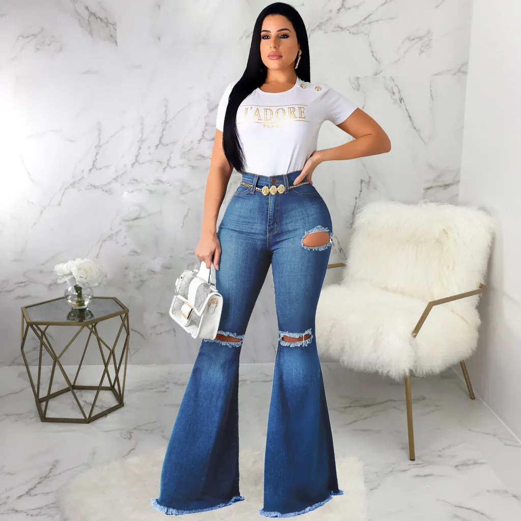 Flare High Waist Ripped Bodycon Denim Pants