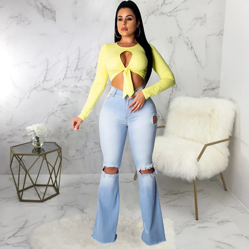 Flare High Waist Ripped Bodycon Denim Pants