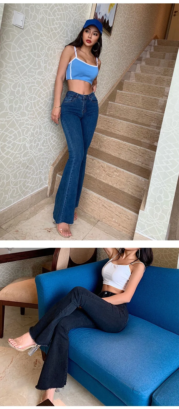 Flare Wide Legs Jeans Pants Vintage Denim Ladies Jeans High Waist Stretch Pocket Trousers