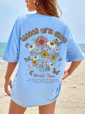Floral & Slogan Graphic Drop Shoulder Oversized Tee