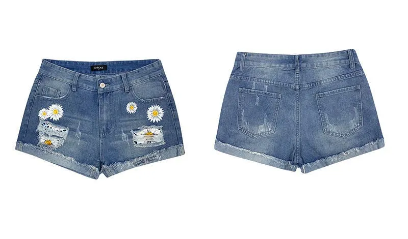 Floral high-waisted ripped denim shorts