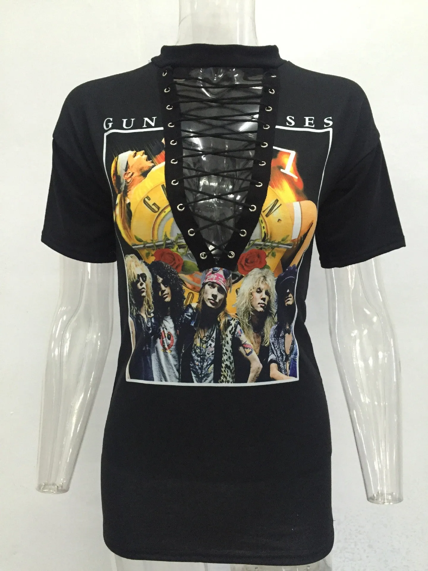Gun and Rosy Print Hollow Out Lace Up T-shirt