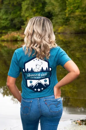 Heather Teal Blue Short Sleeve Shirt with White and Blue Vintage Badge Design