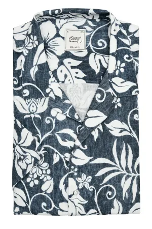 Indigo blue printed resort collar short sleeve shirt
