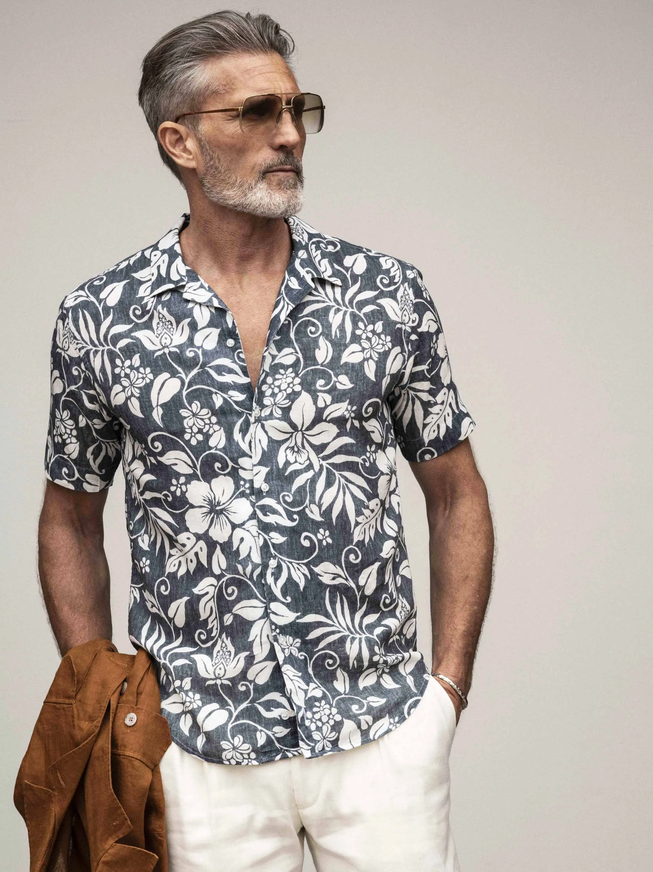 Indigo blue printed resort collar short sleeve shirt