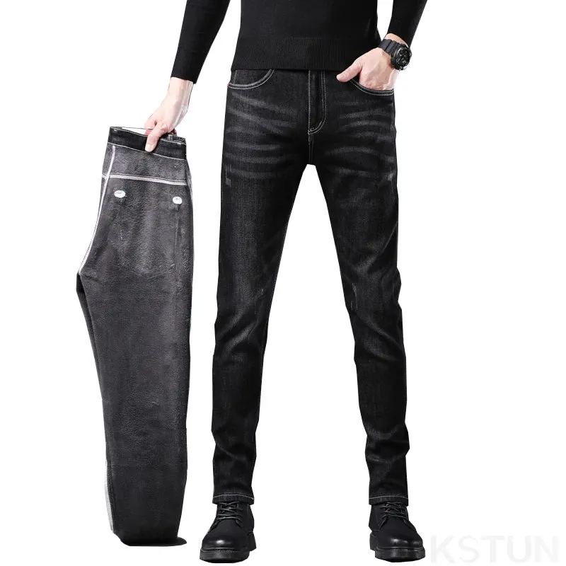 KSTUN Winter Black Jeans Men Warm Jeans Stretch Thicken Fleece Denim Pants Skinny Men's Trousers Fashion Desinger Mens Clothing
