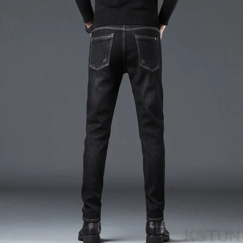 KSTUN Winter Black Jeans Men Warm Jeans Stretch Thicken Fleece Denim Pants Skinny Men's Trousers Fashion Desinger Mens Clothing