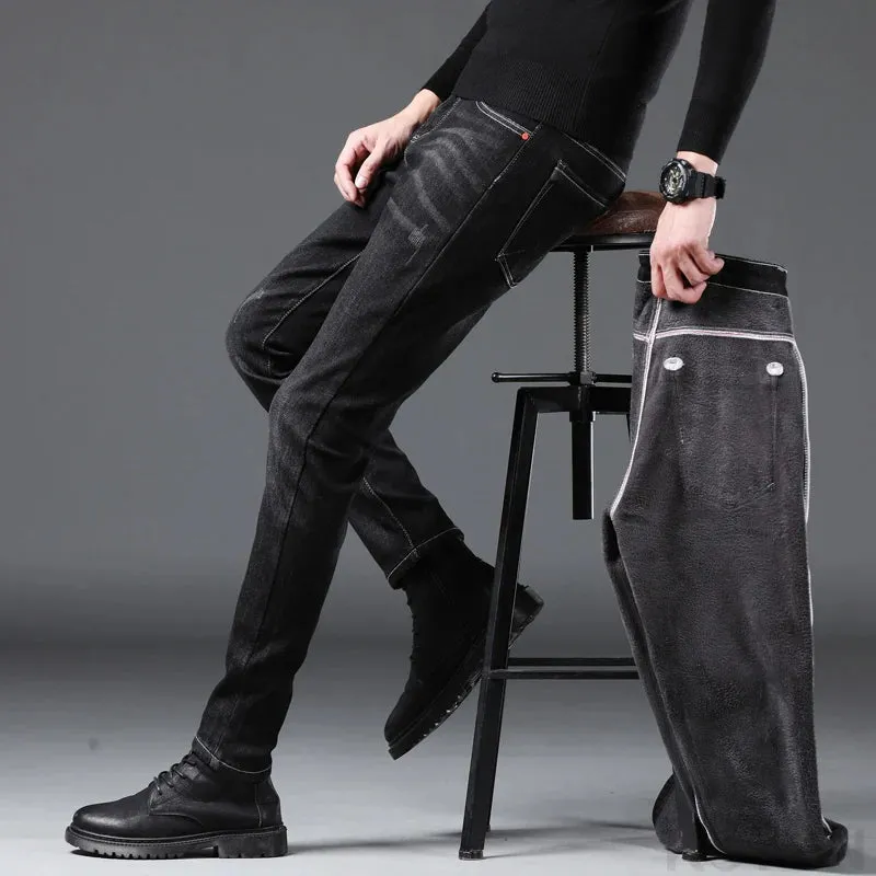 KSTUN Winter Black Jeans Men Warm Jeans Stretch Thicken Fleece Denim Pants Skinny Men's Trousers Fashion Desinger Mens Clothing
