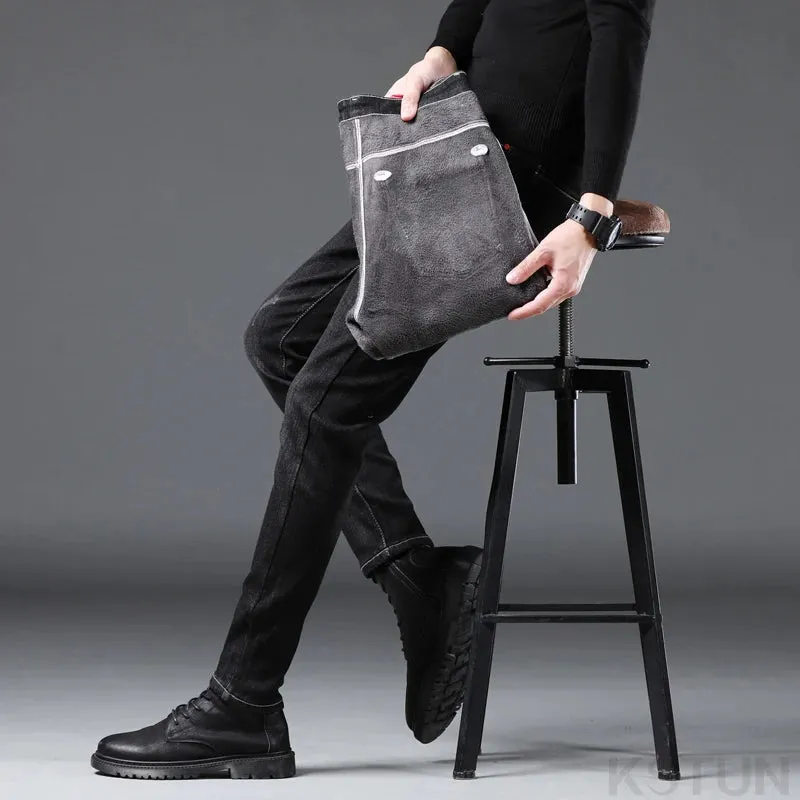 KSTUN Winter Black Jeans Men Warm Jeans Stretch Thicken Fleece Denim Pants Skinny Men's Trousers Fashion Desinger Mens Clothing