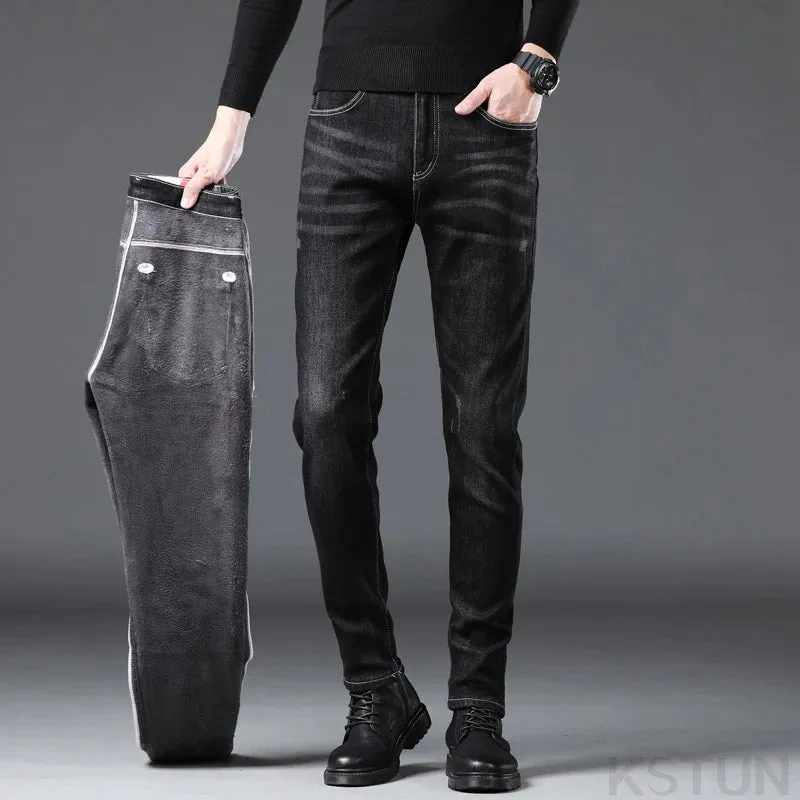 KSTUN Winter Black Jeans Men Warm Jeans Stretch Thicken Fleece Denim Pants Skinny Men's Trousers Fashion Desinger Mens Clothing