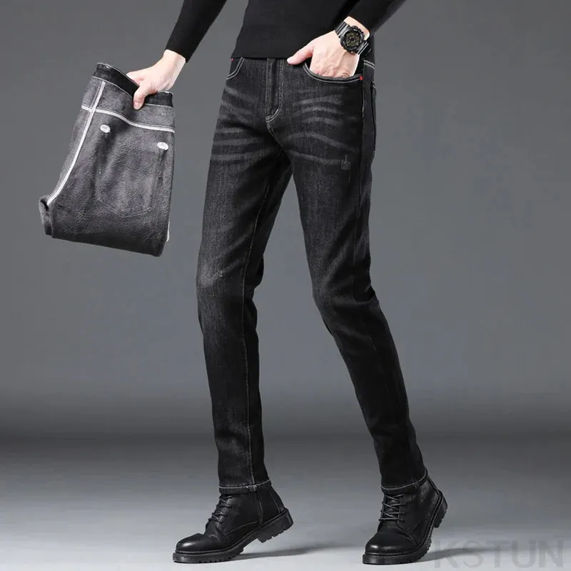 KSTUN Winter Black Jeans Men Warm Jeans Stretch Thicken Fleece Denim Pants Skinny Men's Trousers Fashion Desinger Mens Clothing