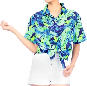 La Leela Women's Coastal Fern Hawaiian Aloha Tropical Beach  Short Sleeve Relaxed Fit Blouse Printed Shirt Blue
