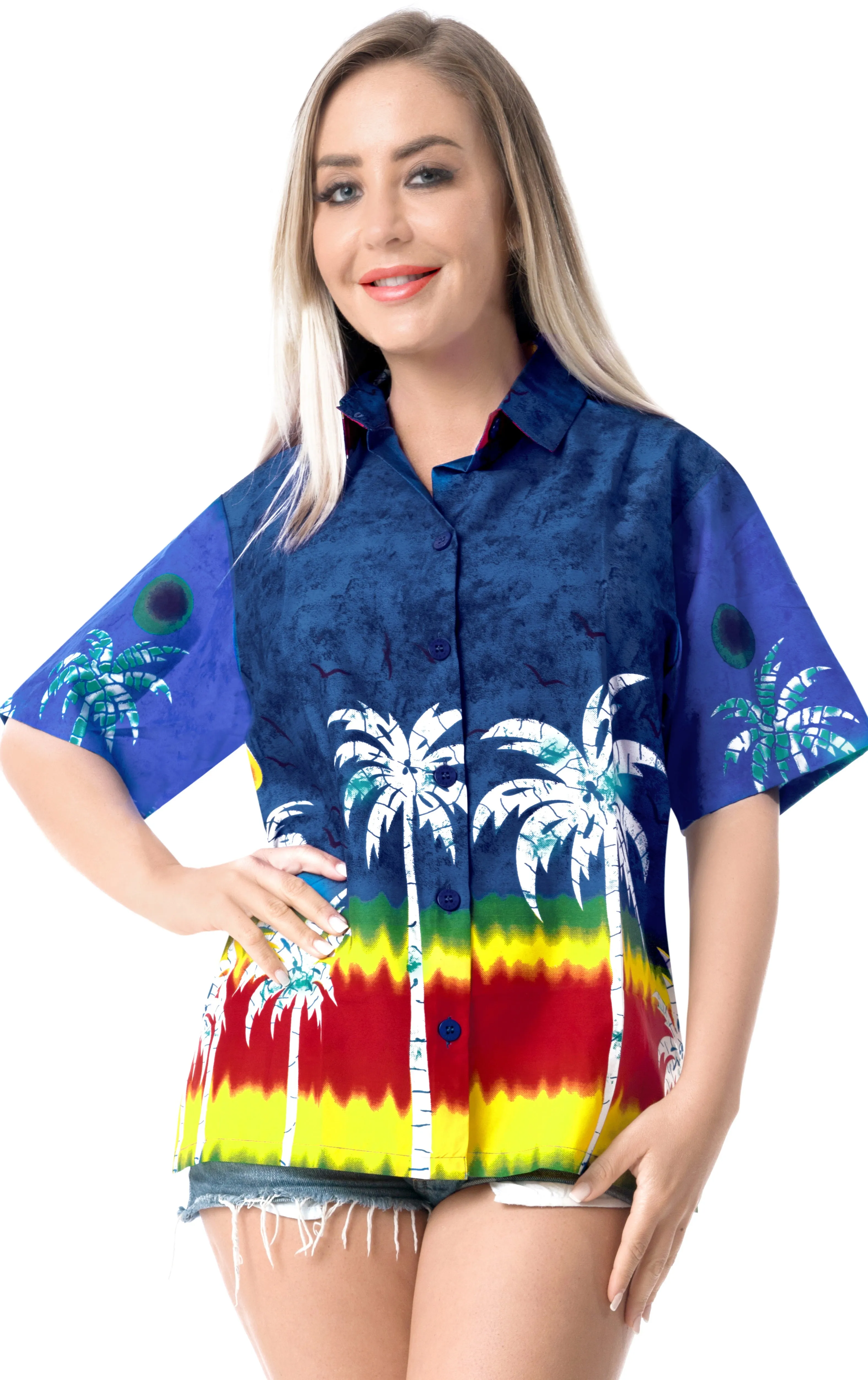 La Leela Women's Palm Tree Relaxed fit Beach Hawaiian Aloha Tropical Beach  Short Sleeve Shirt Printed Blouse Royal Blue
