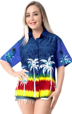 La Leela Women's Palm Tree Relaxed fit Beach Hawaiian Aloha Tropical Beach  Short Sleeve Shirt Printed Blouse Royal Blue