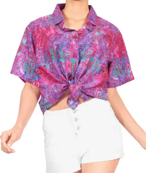 La Leela Women's Support Pink Breast Cancer Printed Relaxed fit Hawaiian Aloha Tropical Beach Short Sleeve Shirt Exuberant Pink