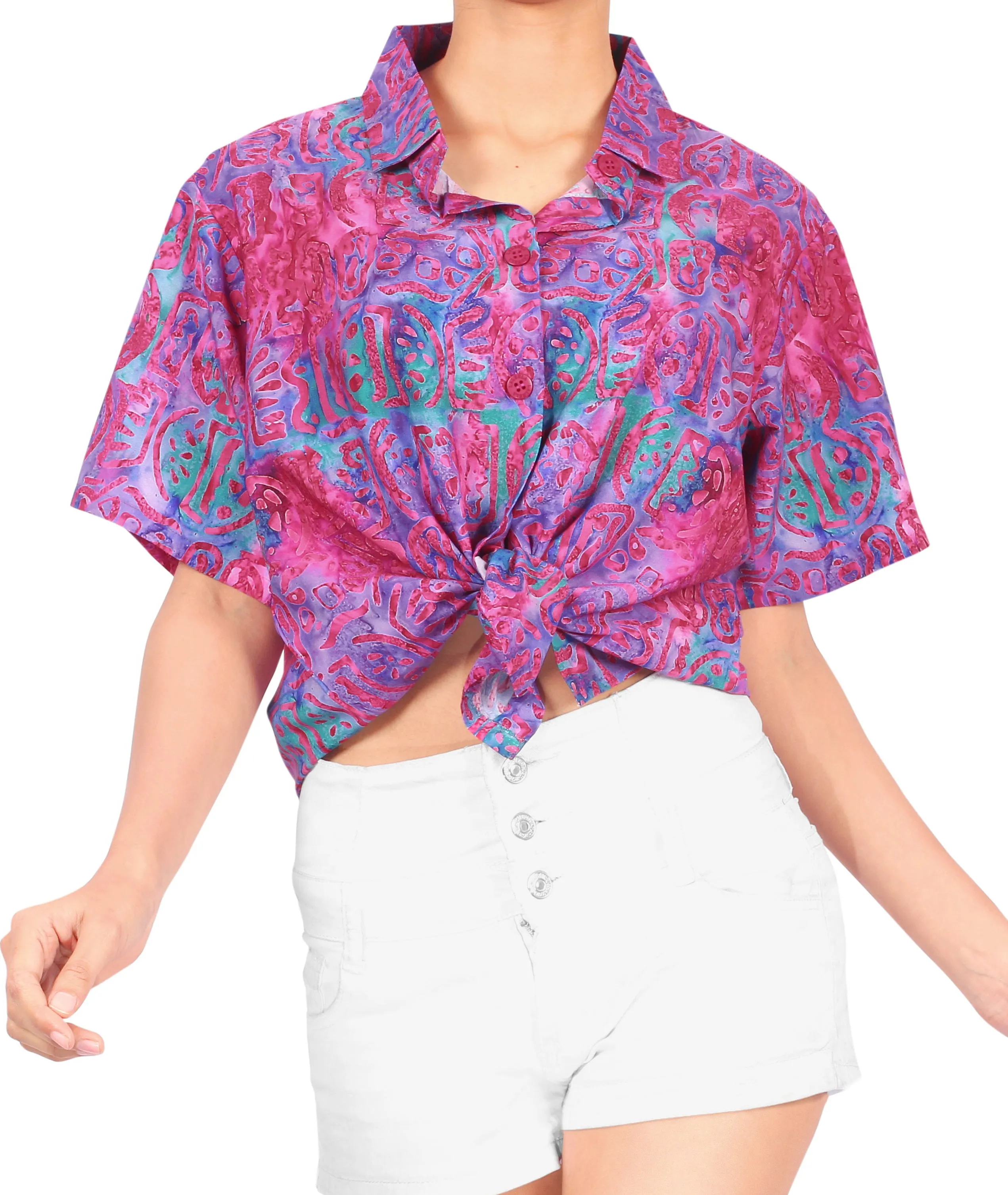 La Leela Women's Support Pink Breast Cancer Printed Relaxed fit Hawaiian Aloha Tropical Beach Short Sleeve Shirt Exuberant Pink